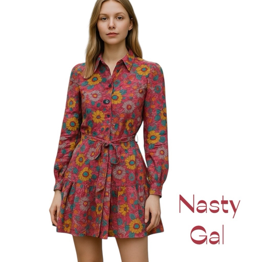 Nasty Gal Pink Floral Long Sleeve Dress NWOT Size L